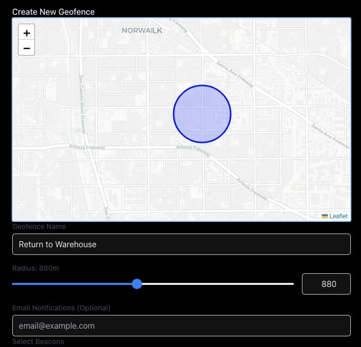 MacMetal Geofence Interface showing a map with circular boundary