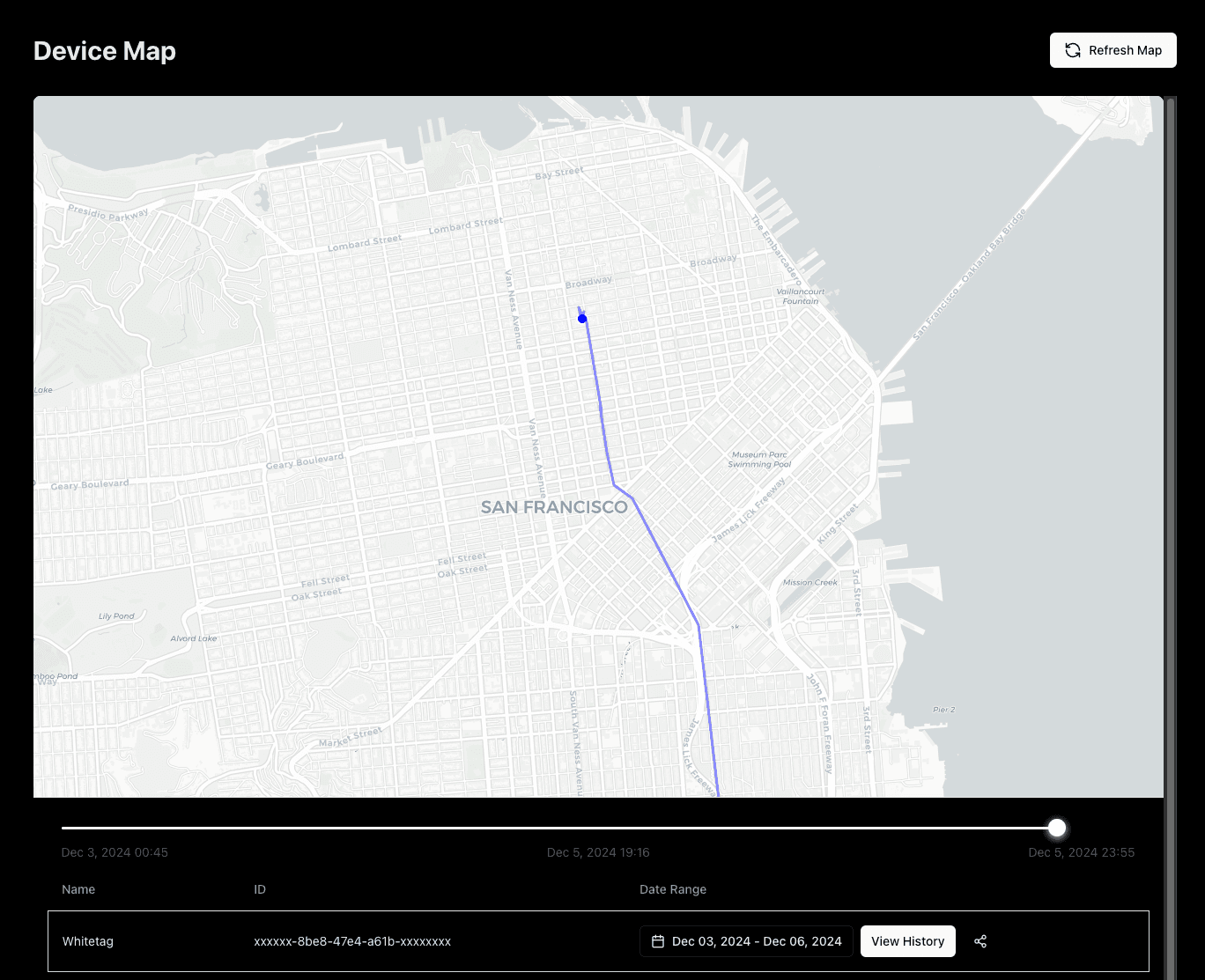 Historical tracking timeline showing AirTag movement over time