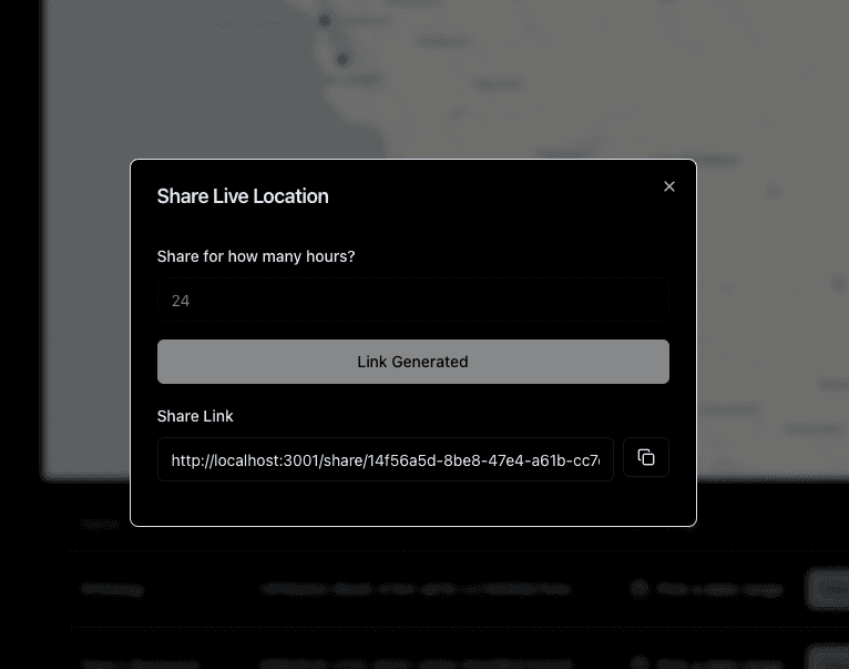 Live tracking interface showing how to generate a shareable link