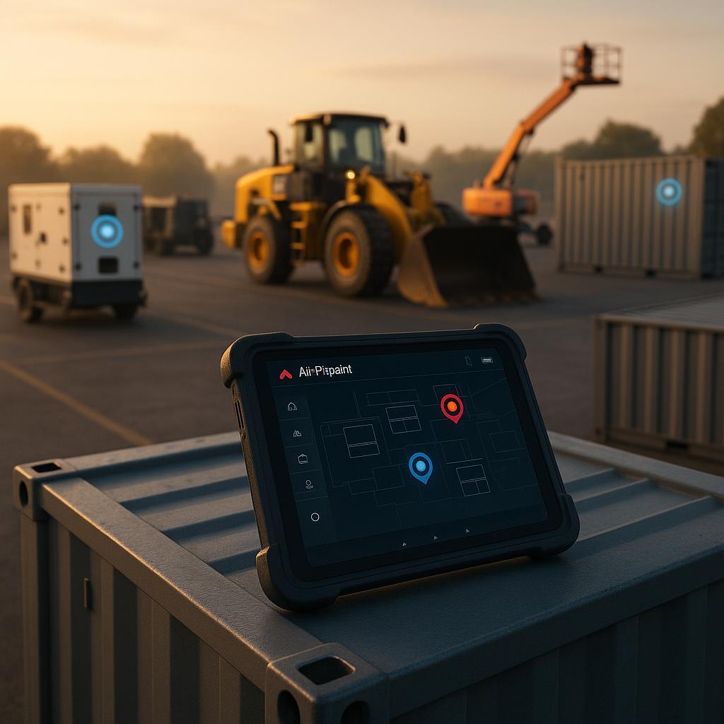 Rental yard with equipment and containers being tracked