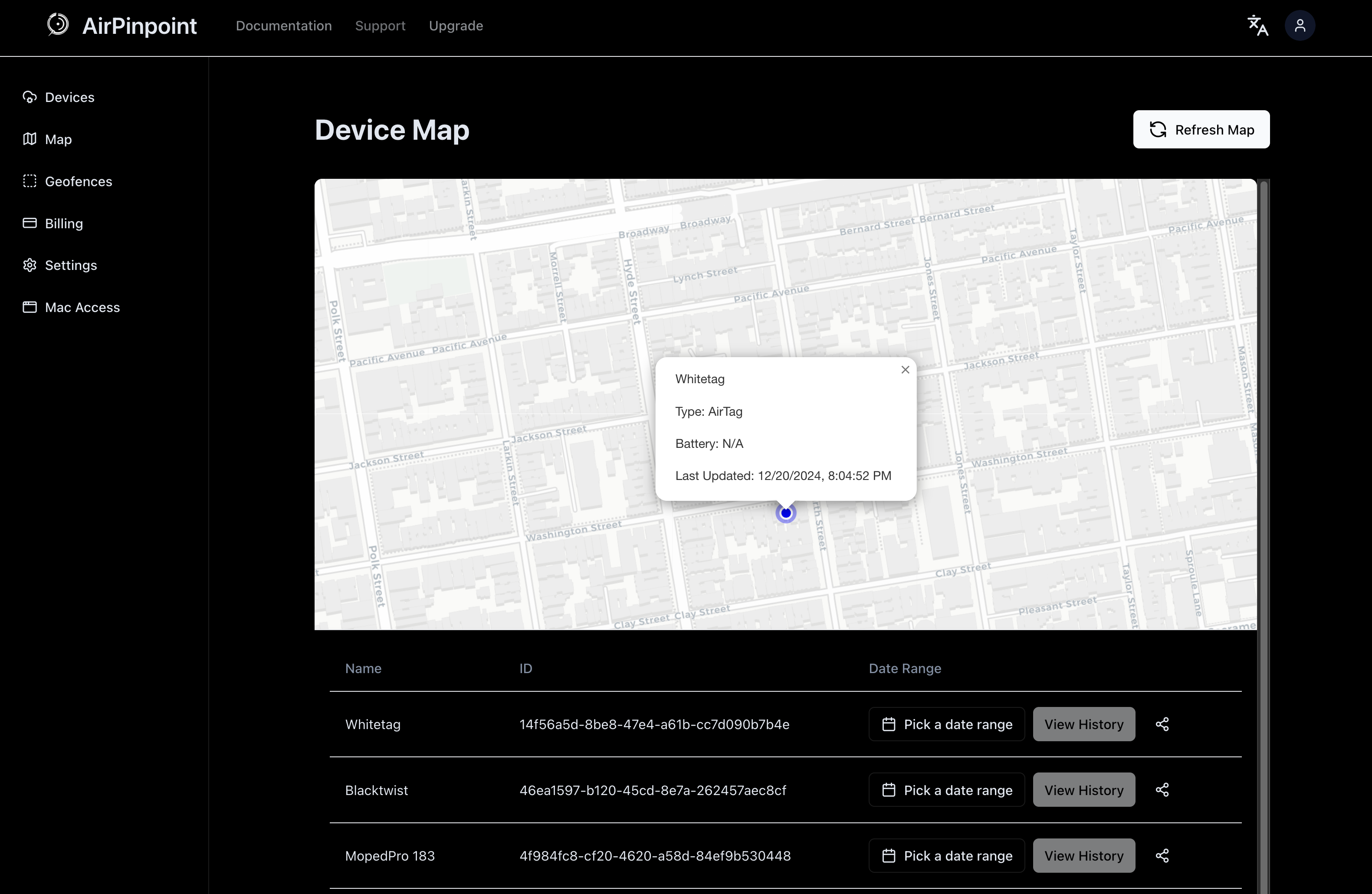 Dashboard showing device locations